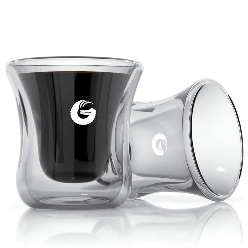 2 NEW COFFEE GATOR Clear Grey Smoke Glass Espresso Shot Glasses Thermal Cups